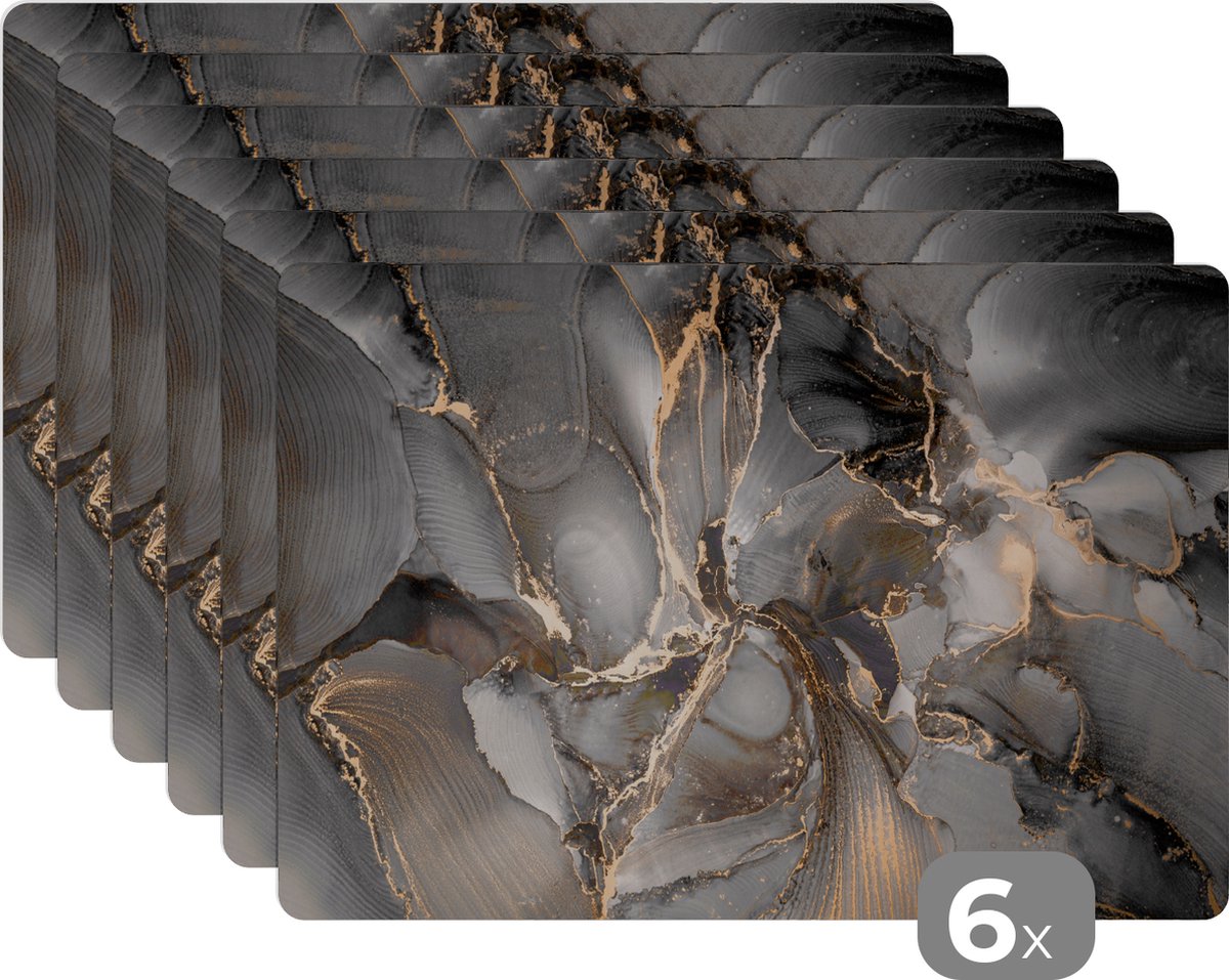 Placemats - Marmer - Grijs - Goud - Onderleggers placemat - 45x30 cm - 6 stuks