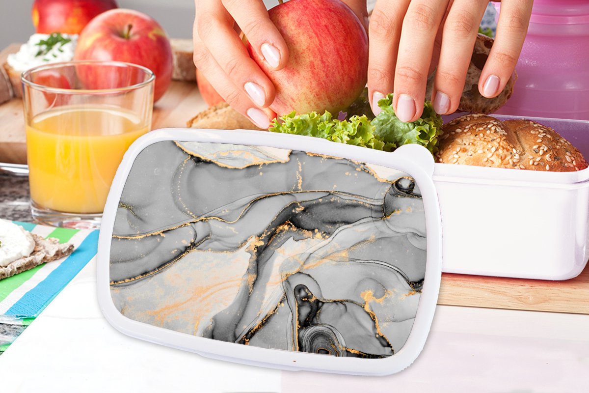 Broodtrommel Wit - Lunchbox - Brooddoos - Marmer - Goud - Grijs - 18x12x6 cm - Volwassenen