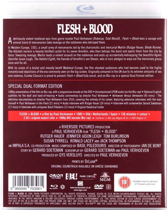 Achterkant Blu-ray hoes van Flesh+Blood met film beschrijving en specificaties.