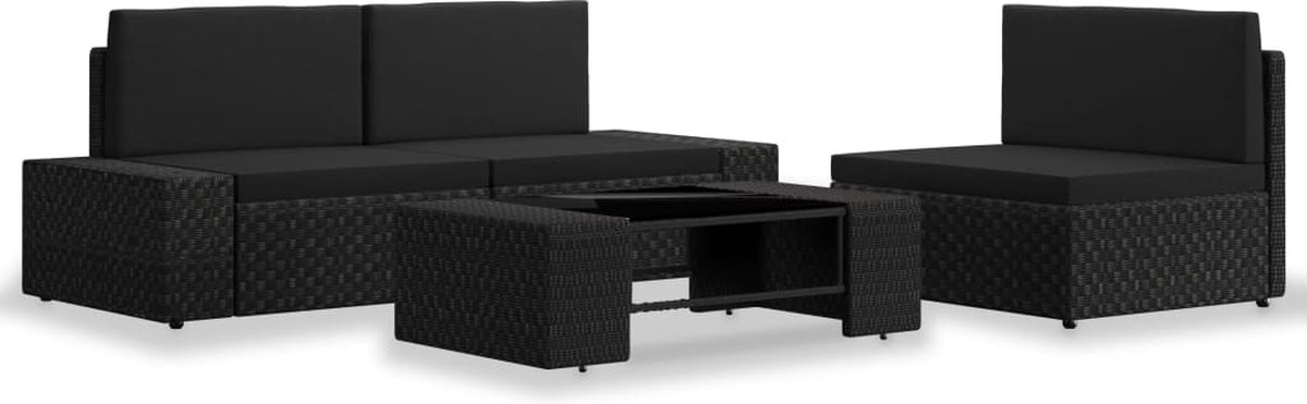 The Living Store 4-delige Loungeset poly rattan zwart - Loungeset - Tuinset - Poly Rattan - Zwarte Lounge Set - Buiten Meubilair