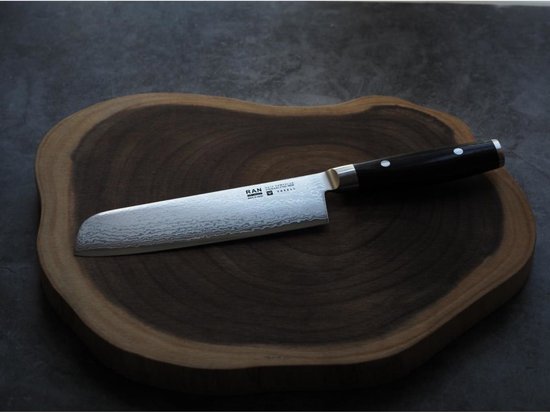 Yaxell Japonais - Série Ran - Couteau de Chef Nakiri - Acier VG10 - 61 HRC - Lame 16,5 cm - 69 Couches d'Acier Damassé - Toile-Micarta Heft