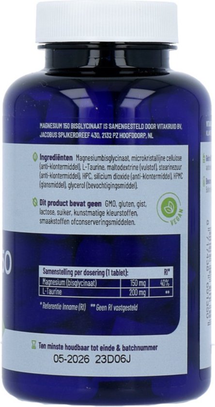 Achterkant van de pot Vitakruid Magnesium 150 Bisglycinaat met ingrediënten en samenstelling.