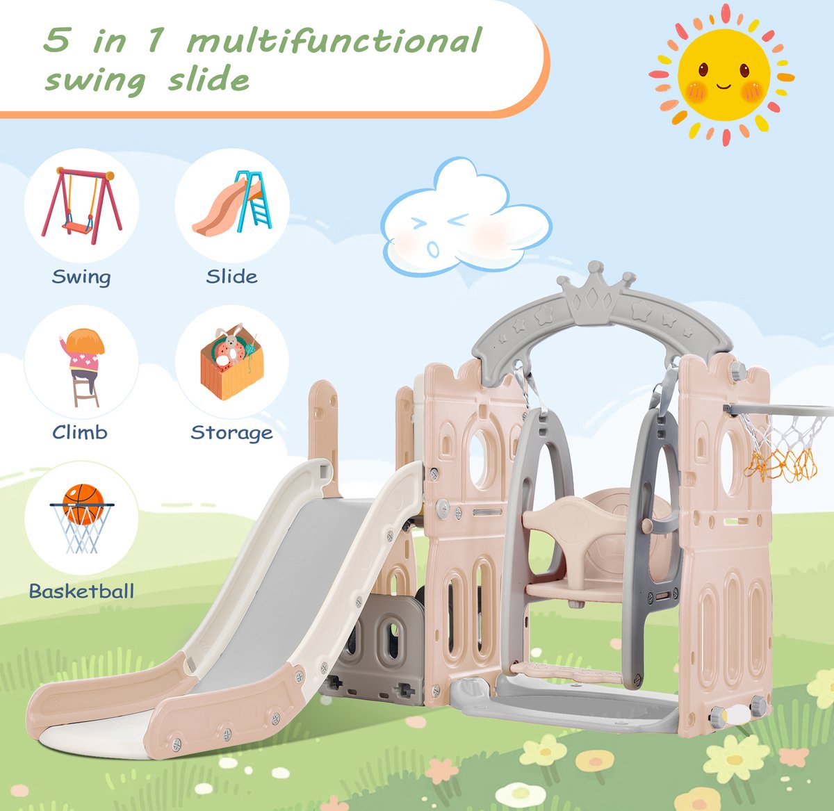 Toboggan pour enfants, toboggan multifonctionnel 5 en 1 pour