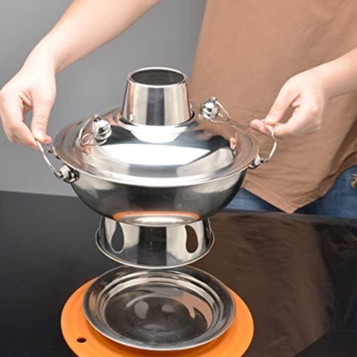Roestvrijstalen Hot Pot Wok pan met zeeflepel Chinese vuurpan Hot Pot  roestvrij staal
