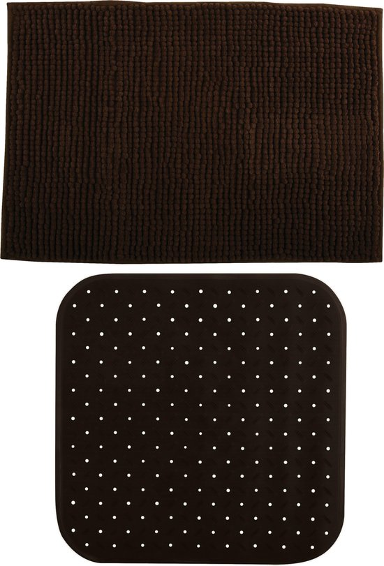 MSV Douche anti-slip mat en droogloop mat - Sevilla badkamer set - rubber/microvezel - bruin