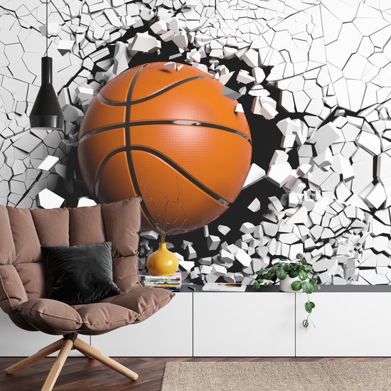 Papier peint photo Ballon de basket détruisant le mur - Papier peint non tissé - 450 x 300 cm