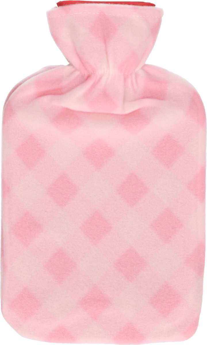 Goedkoopste Set van 2x stuks water kruik met fleece hoes roze ruiten print 1,7 liter - 35 x 18 cm - Warmwaterkruiken - Warmtekruik