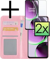 Hoes Geschikt voor OnePlus Nord CE 3 Lite Hoesje Book Case Hoes Flip Cover Wallet Bookcase Met 2x Screenprotector - Lichtroze