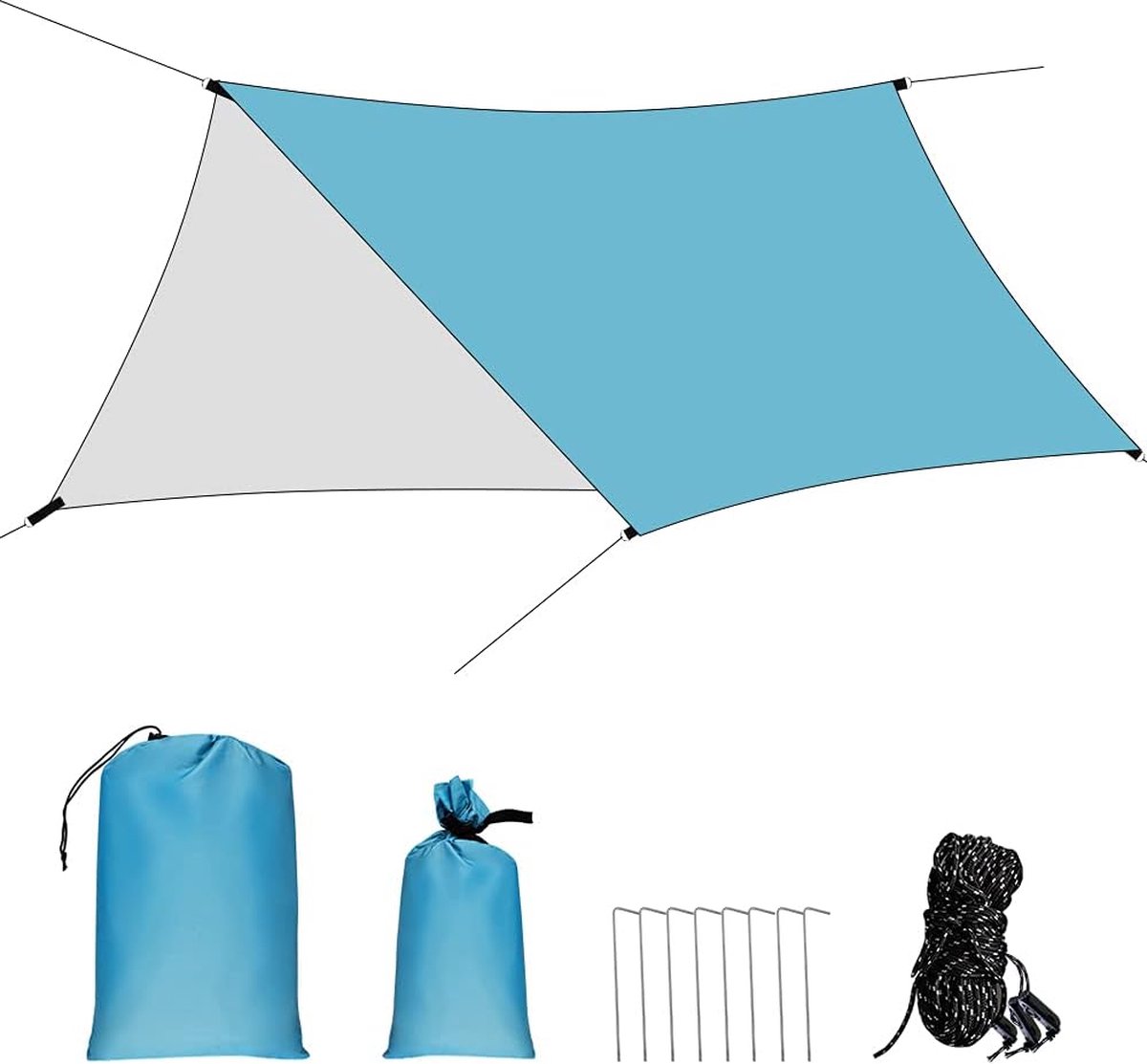 Camping tentzeil waterdicht, 3 m x 4,45 m tarp voor hangmat regenbescherming zonwering met aluminium pennen en nylon touwen voor kamperen, outdoor reizen