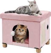 Kattenmand, kattenhuis hol voor katten met krabplank en speelbal, 45 x 37,5 x 38 cm, roze