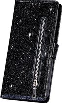 LuxeBass Hoesje geschikt voor Samsung Galaxy A21s Glitter Bookcase met rits - hoesje - portemonneehoesje - Zwart - telefoonhoes - gsm hoes - telefoonhoesjes