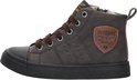 Donkerbruine leren hoge sneaker met veters, rits en een gedetailleerd logo-embleem.