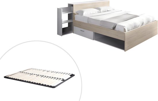 Bed met hoofdbord met opbergvakken en lades 140 x 190 cm - Kleuren: Houtlook en wit + Bedbodem - FLORIAN L 223 cm x H 83 cm x D 146 cm