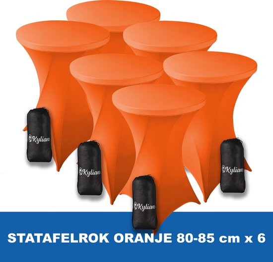 Zes oranje statafelrokken, elk met een zwarte Kylians opbergtas.