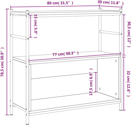 Boekenrek 80x30x78,5 cm bewerkt hout en ijzer grijs
