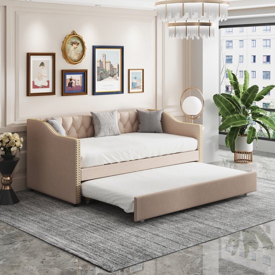 Merax Uitschuifbare slaapbank, 90/180 x 190 cm, klapsofa met LED-licht en USB-aansluiting, bank bed 2-zits met slaapfunctie, linnen stof, donkergrijs (zonder matras