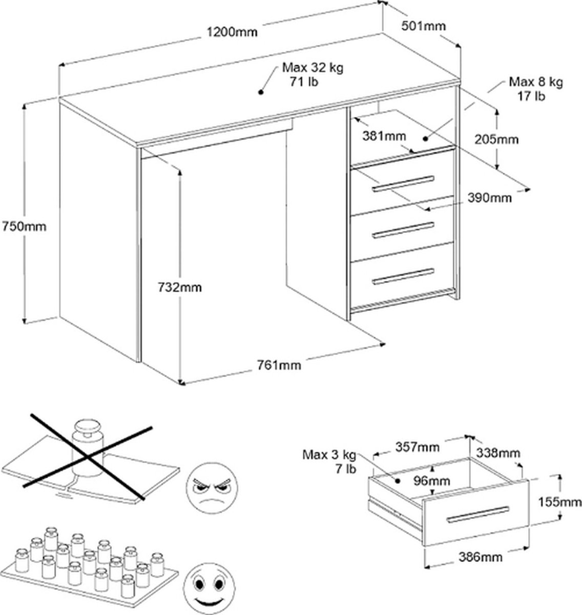 Bureau enfant 3 tiroirs L120 cm décor bois et blanc - Finland