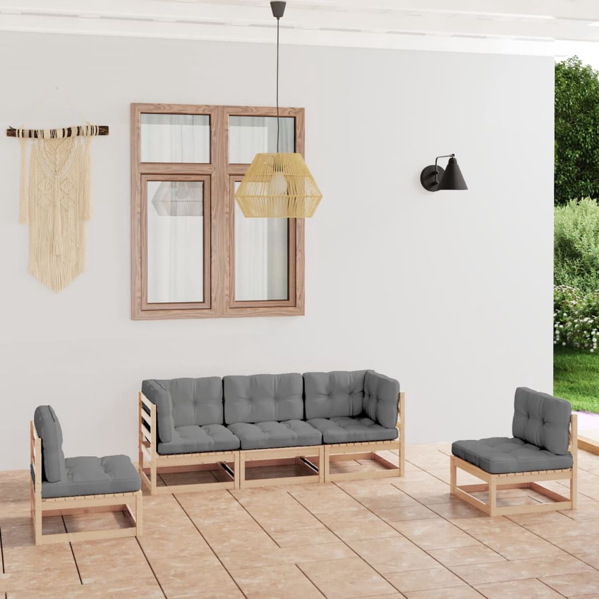 The Living Store 5-delige Loungeset met kussens massief grenenhout - Loungeset - Tuinmeubel - Loungehoek - Buitentijnen - Houten Bank