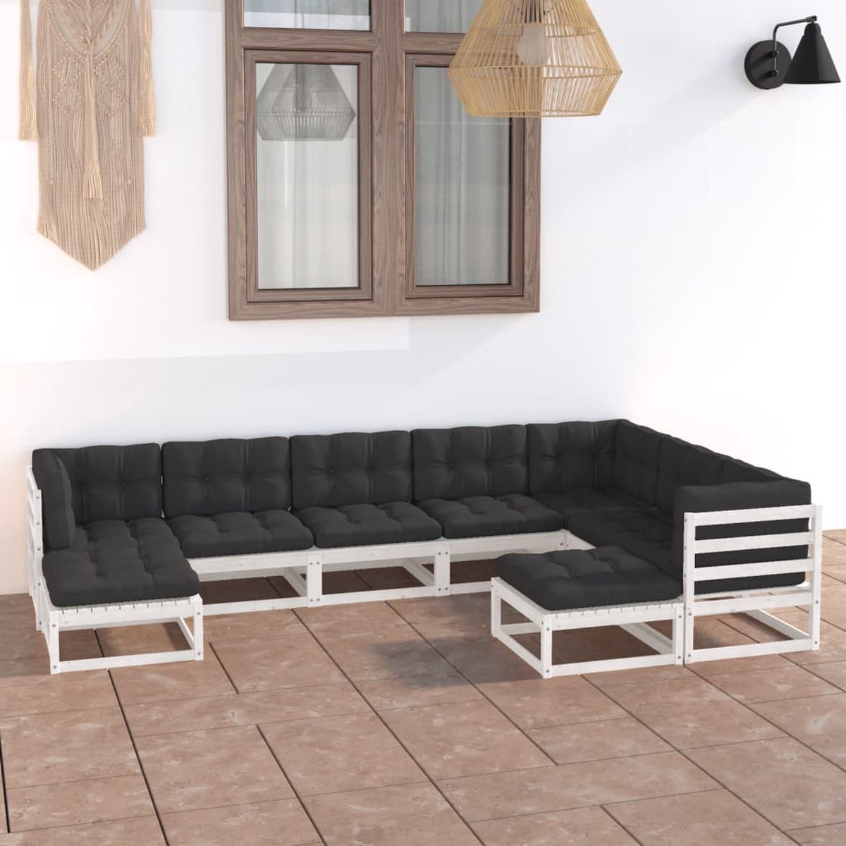 The Living Store 9-delige Loungeset met kussens massief grenenhout wit - Tuinmeubels - Lounge Set - Houten Tuinbank - Grenenhout - Loungebank