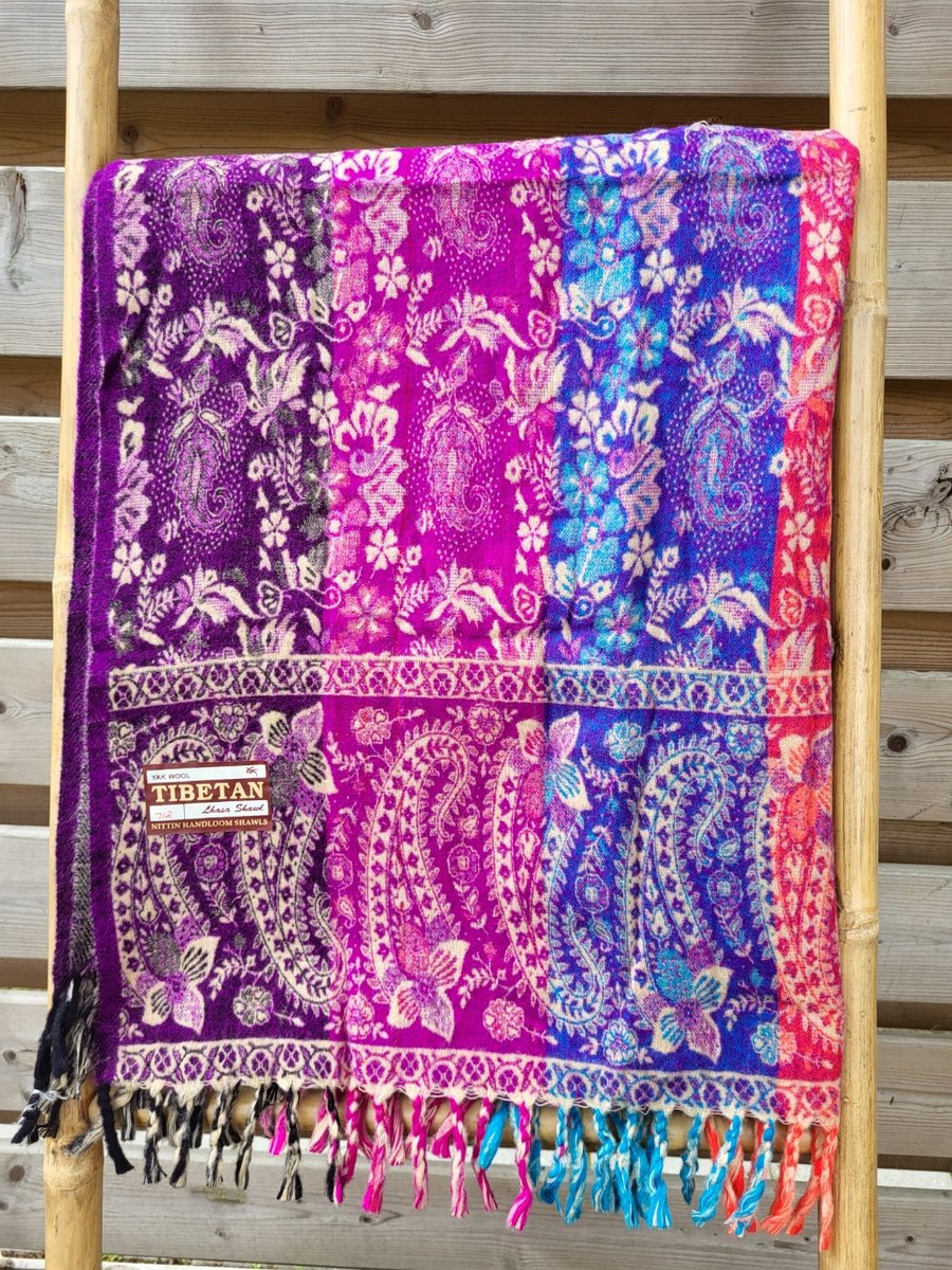 Nepal Omslagdoek Plaid Sjaal Yak Wol/Acryl (200 x 100 cm) Paars/Blauw/Rood