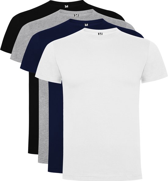 Lot de 4 T-Shirt Roly Atomic Basic 100% coton biologique Col rond Wit, Grijs, Zwart et Bleu Marine Taille L
