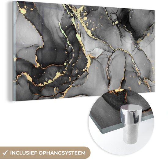 ® Glasschilderij 40x20 cm - Schilderij acrylglas - Marmer - Zwart - Goud - Grijs - Foto op glas - Muurdecoratie woonkamer - Wanddecoratie slaapkamer - Schilderijen