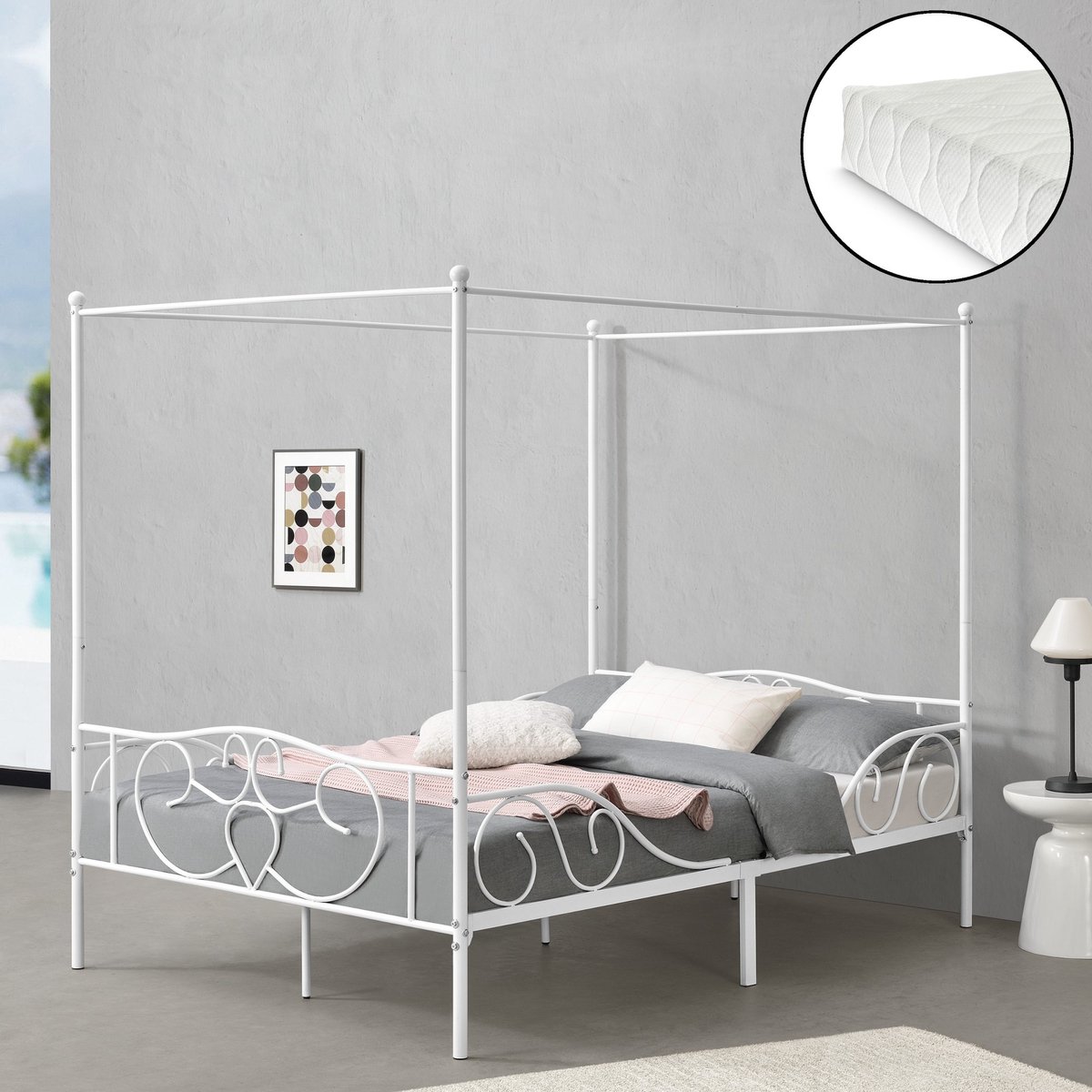 Metalen hemelbed Alesia - met bedbodem en matras - 140x200 cm - wit - stabiel frame - minimalistisch design