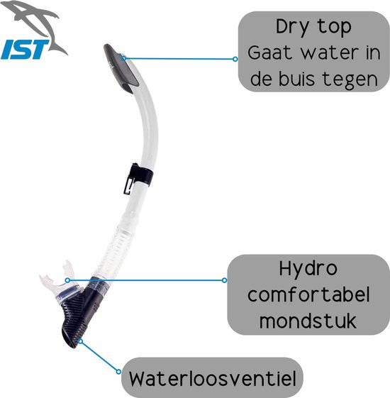 Tuba blanc avec embout sec, embout buccal confortable et valve sans eau.