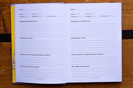 Open lila dagboek met schrijfbladzijden en lijntjes.