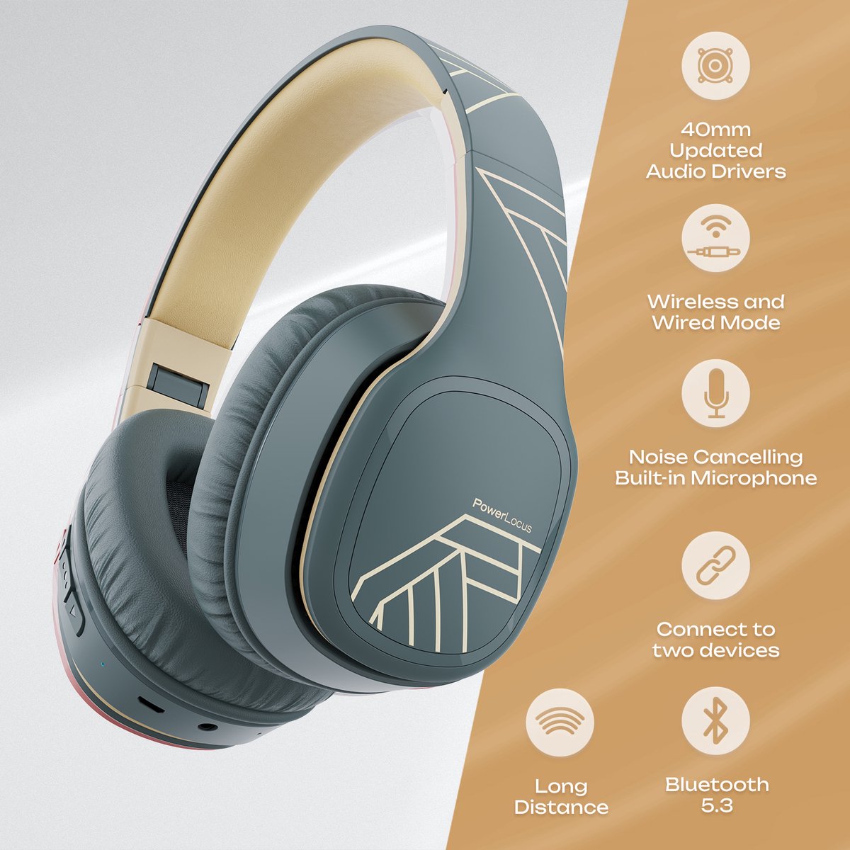 PowerLocus P7 - Draadloze Over-Ear Koptelefoon Inklapbaar - Bluetooth Hoofdtelefoon - Met microfoon – Headphone – Incl. Carry Case - Asphalt Grey — afbeelding 3