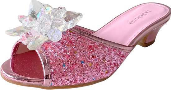 Prinsessen schoenen slipper schoenen roze glitter met hakje maat 29 - binnenmaat 19 cm - communie schoenen - feestkleding kinderen-