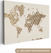 Canvas Wereldkaart - 90x60 - Wanddecoratie Wereldkaart - Touw - Bruin