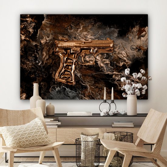 Canvas schilderij - Pistool goud 140x90 - Kamer decoratie accessoires abstract - Gouden schilderijen woonkamer - Luxe wanddecoratie slaapkamer - Muurdecoratie keuken - Wanddoek... - Afbeelding 2