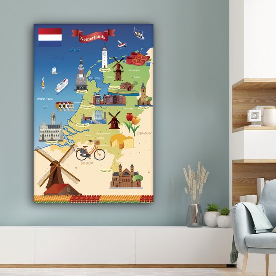 Carte des Nederland avec des vues 90x140 cm - Tirage photo sur toile (Décoration murale salon / chambre)