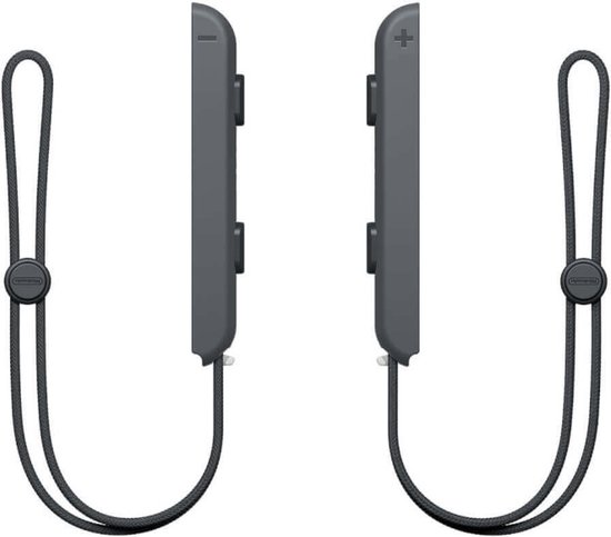 Grijze Nintendo Switch Joy-Con polsbandjes met zwart koord.