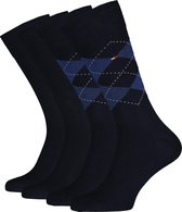 Tommy Hilfiger Check Socks (2-pack) - herensokken katoen - geruit en uni - blauw - Maat: 39-42