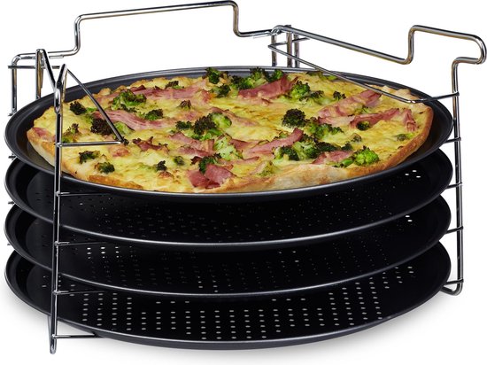 Relaxdays pizzaplaat met - 4 ronde bakplaat - bakset pizza - antiaanbak | bol.com
