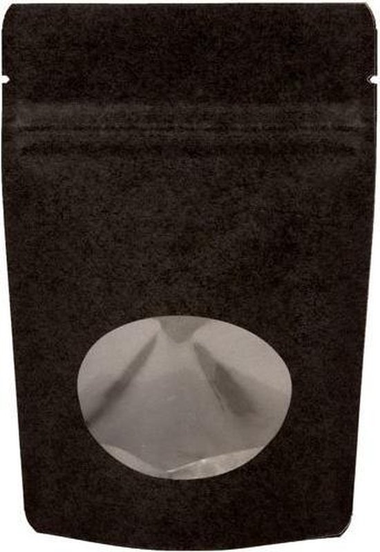 Stand Up Pochettes Kraft Zwart avec fenêtre ovale 10.2x6x15.2cm | 57 grammes (100 pièces)