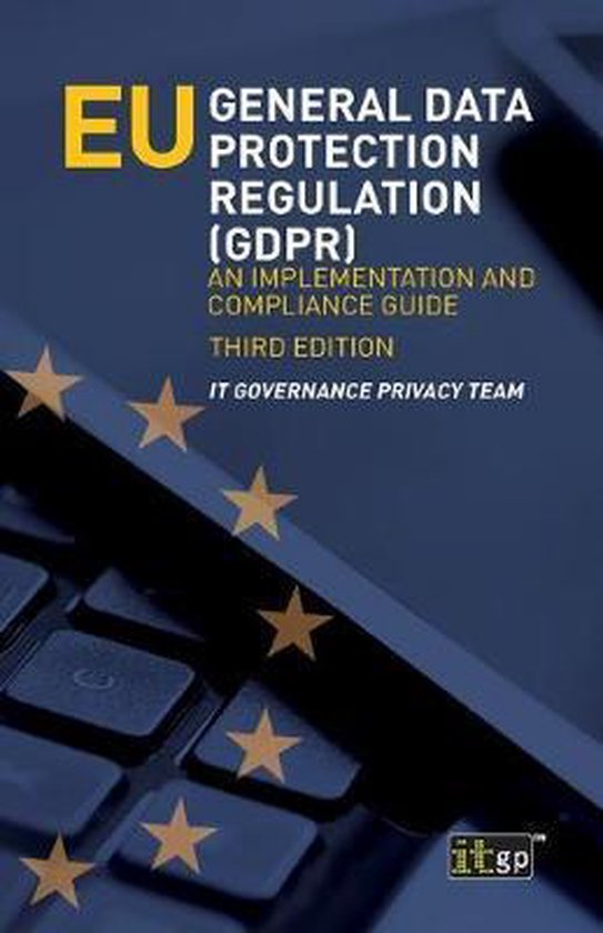 Boek: EU General Data Protection Regulation (GDPR) - Een Implementatie- en Compliance Gids, Derde Editie. Grijze toetsenbord achtergrond met gouden sterren.