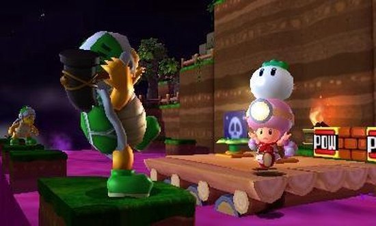 Toad en een grote groene Koopa Troopa met een hamer in een donkere wereld.