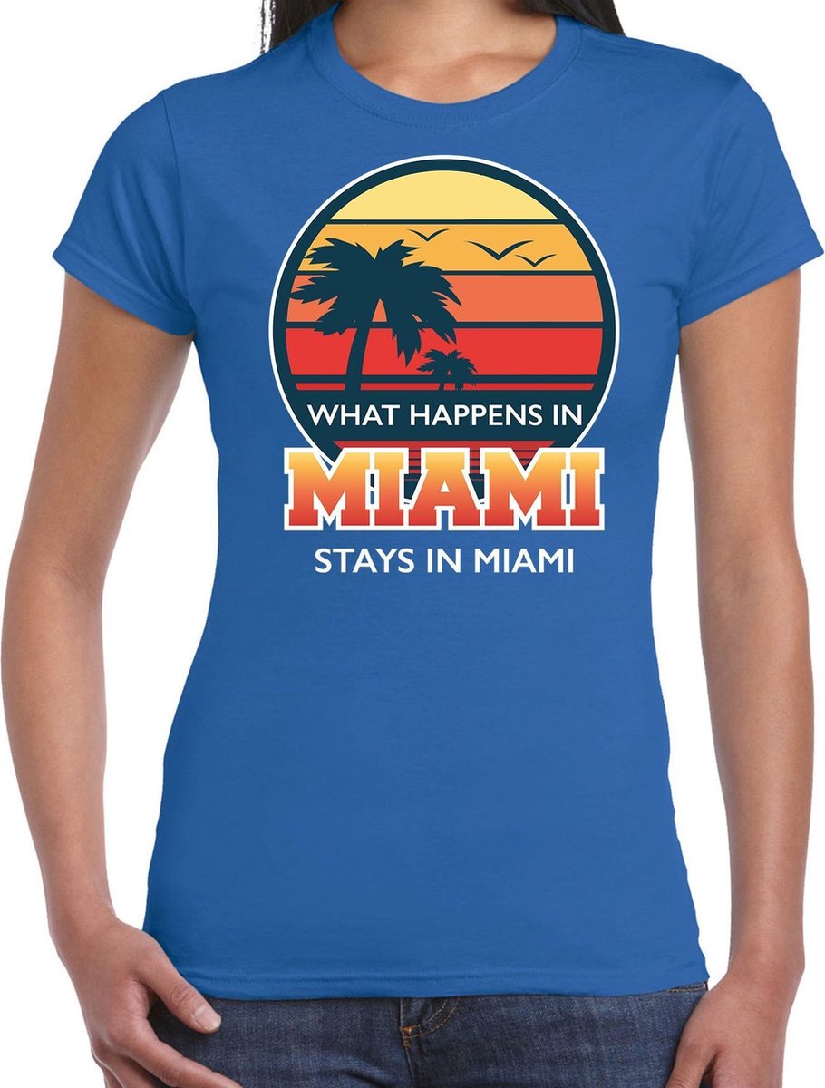 Afbeelding van product Bellatio Decorations  Miami zomer t-shirt / shirt What happens in Miami stays in Miami voor dames - blauw - Miami party / vakantie outfit / kleding/ feest shirt S  - maat S