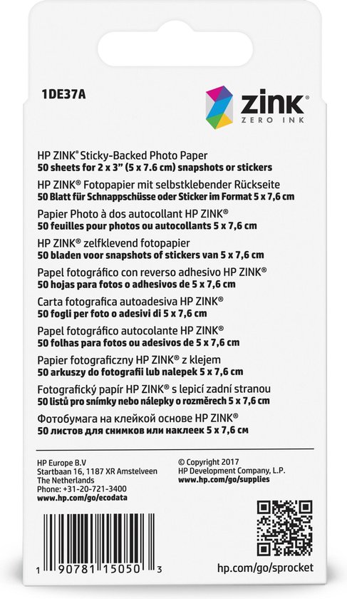 HP 1DE37A ZINC Sprocket papier photo auto-adhésif 5 x 7,6 cm (50 feuilles)
