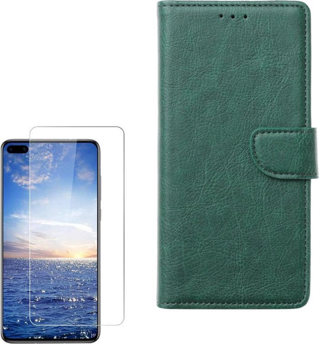 Huawei P40 Pro Portemonnee hoesje Groen met 2 stuks Glas Screen protector