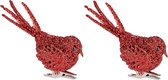 2x Kerstboomversiering glitter rode vogeltjes op clip 12 cm - Kerstboom decoratie vogeltjes