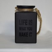 Kaarshouder / windlicht, zwart glas met tekst: Life is what you make it, 21 x 12 x 12 cm