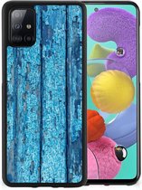 Telefoonhoesje Geschikt voor Samsung Galaxy A51 Backcase Siliconen Hoesje met Zwarte rand Wood Blue