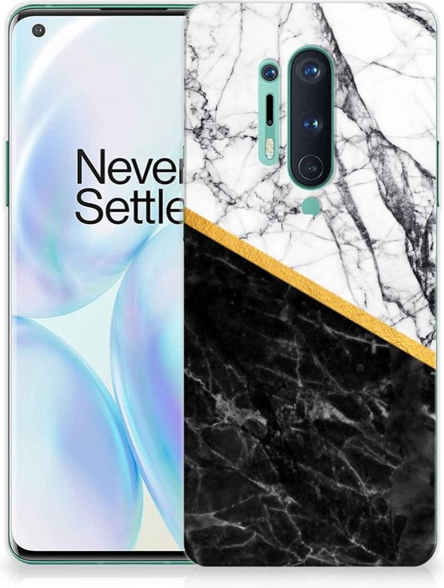 OnePlus 8 Pro TPU Siliconen Hoesje Marmer Wit Zwart - Origineel Cadeau Man