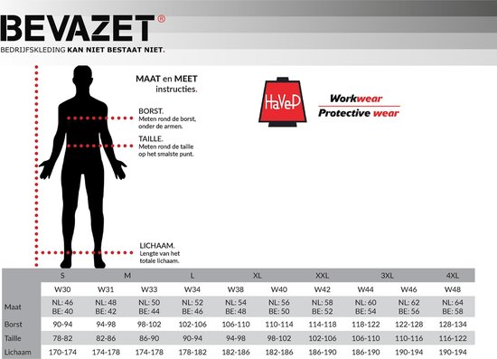 Tableau des tailles avec silhouette, mesures de poitrine, de taille et de corps par taille. 'Bevazet', 'Workwear Protective wear'.