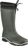 Groene Dunlop regenlaars met zwarte voering, koord en profielzool.