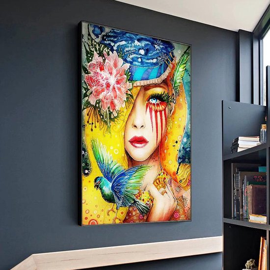 Allernieuwste Canvas Schilderij Kleurrijke Vrouw met Bloemen en Vogel -  Modern -... | bol.com